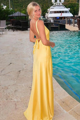 Sheath Yellow Maxi Dress For Wedding Guests V-Neck Tie-Back with Slit